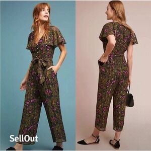 Anthropologie Floral Jumpsuit Green V-Neck Short Sleeve Casual Women's